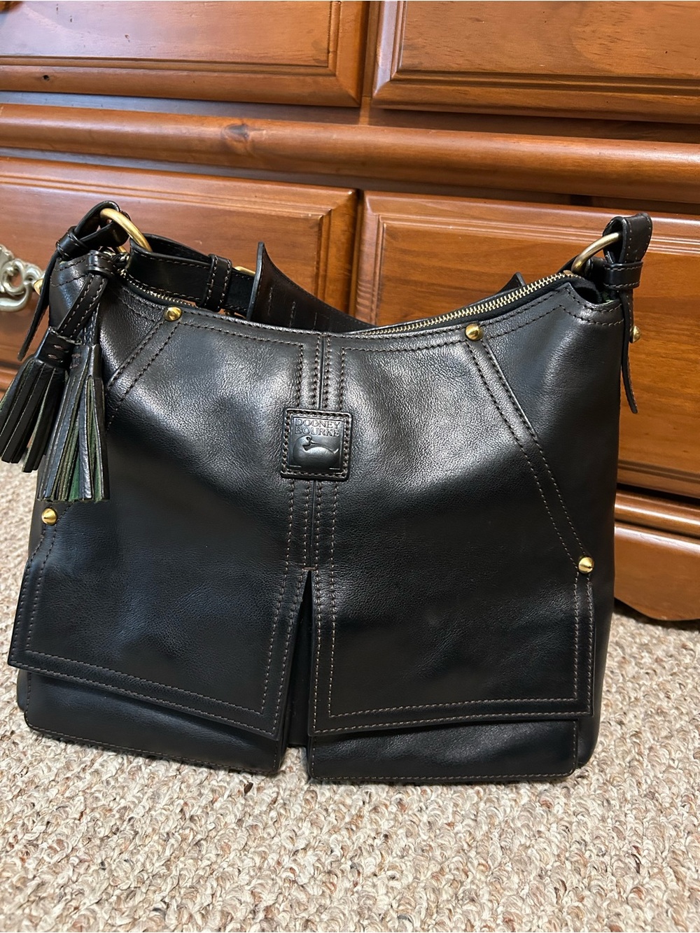 Dooney & Bourke Black Leather Shoulder Bag with Tassel